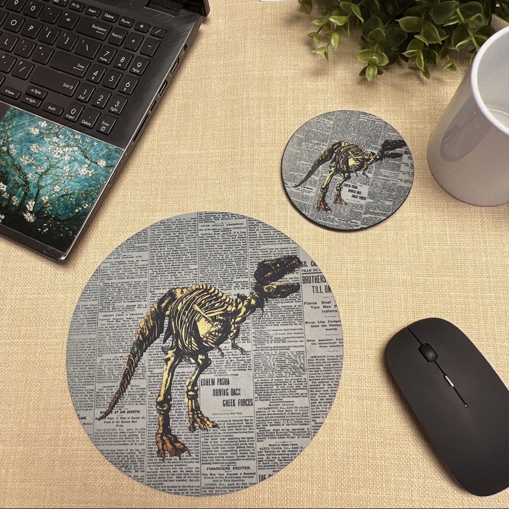 Dinosaur Fossil Mouse Pad with Matching Coaster, Dino Lover desktop mousepad
